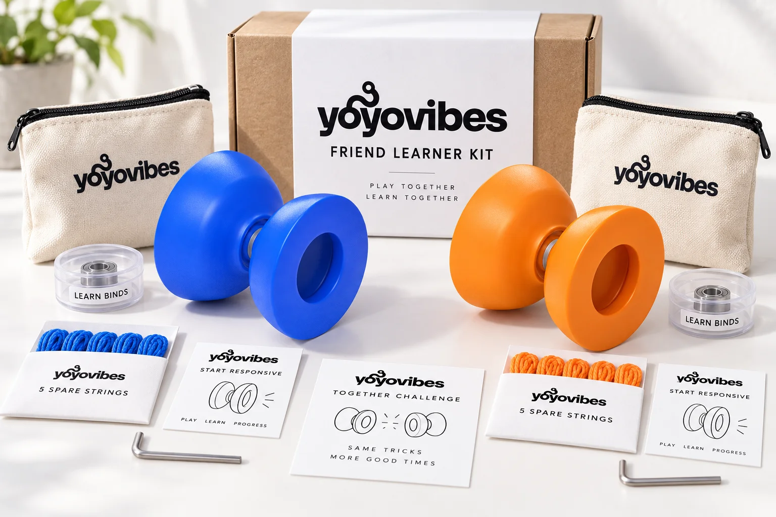 AI concept of the Friend learner kit: 2 ADHD Shape yo-yos, spare bearings, strings and carry pouches