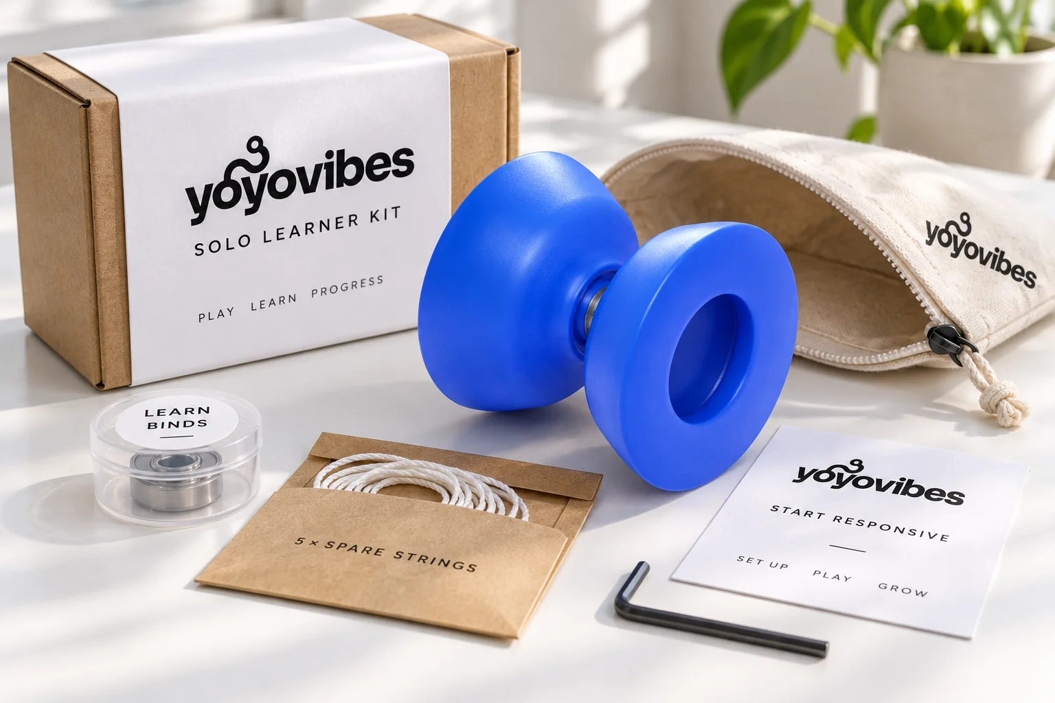 AI concept of the Solo learner kit: 1 ADHD Shape yo-yo, spare bearings, strings and carry pouches